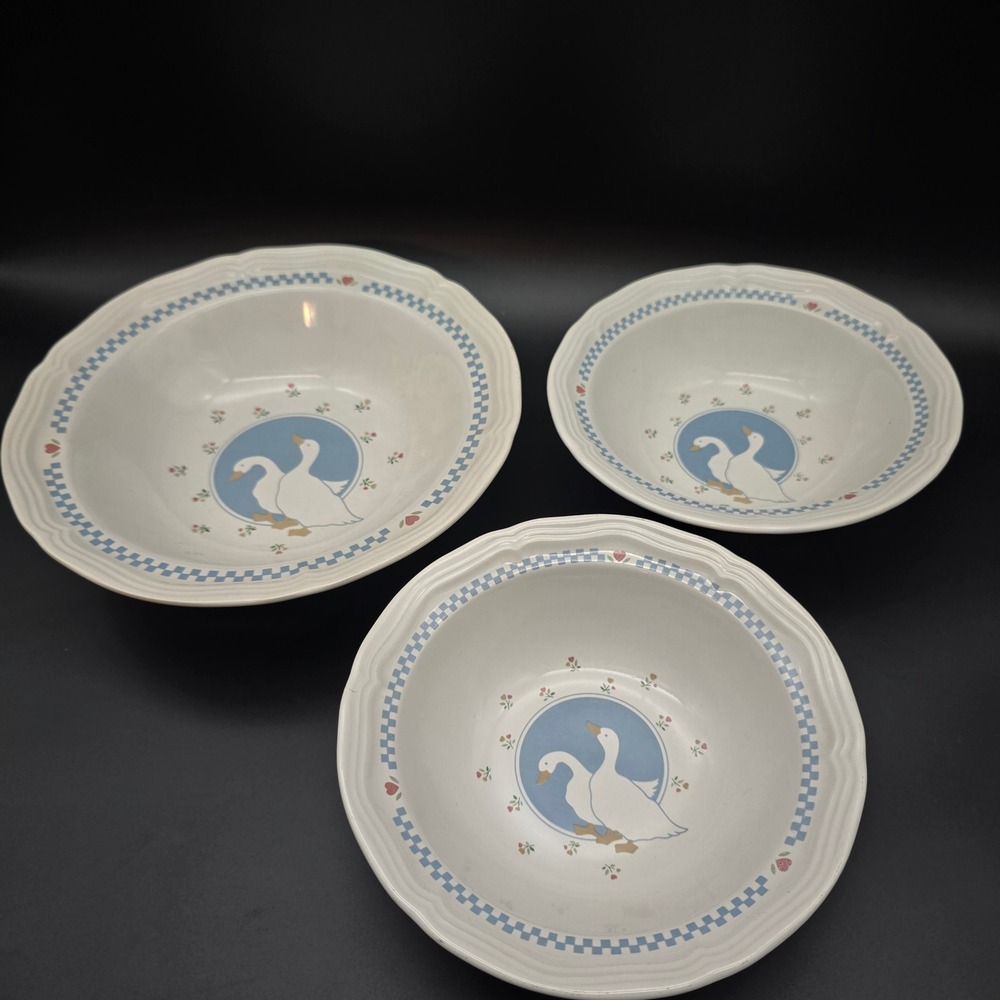 Vintage Goose Bowl Set of 3 Cereal Bowl Moonlight Stoneware Blue Geese